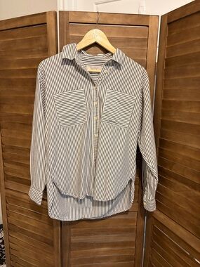 LOFT Striped Button-Down Shirt in White and Gray